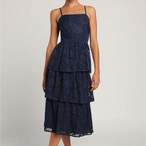 Navy Blue Floral Print Tiered Dress